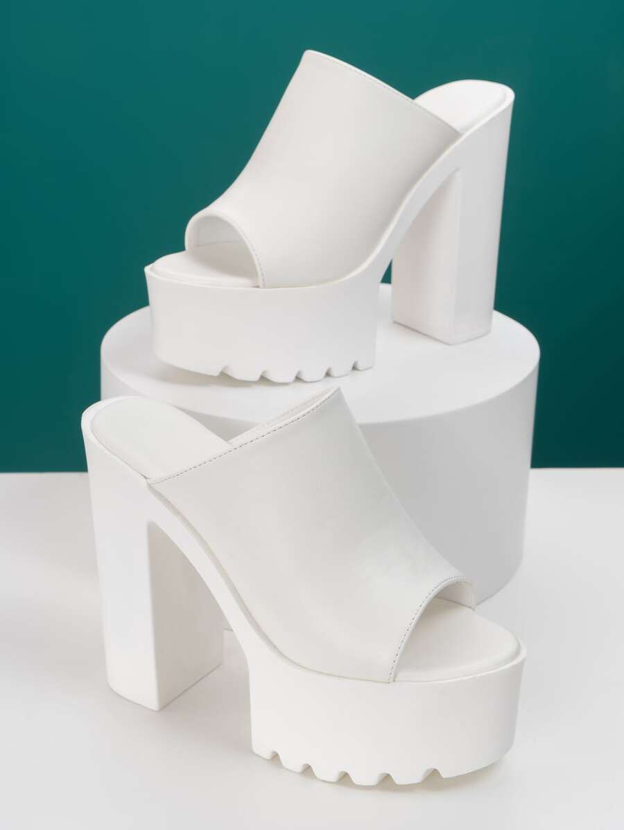 Minimalist Chunky Heeled Mule Sandals - White - View 1