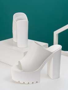 Minimalist Chunky Heeled Mule Sandals - White - View 3