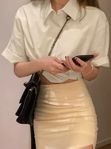 素色落肩袖短款襯衫 - 米色 - 查看 1