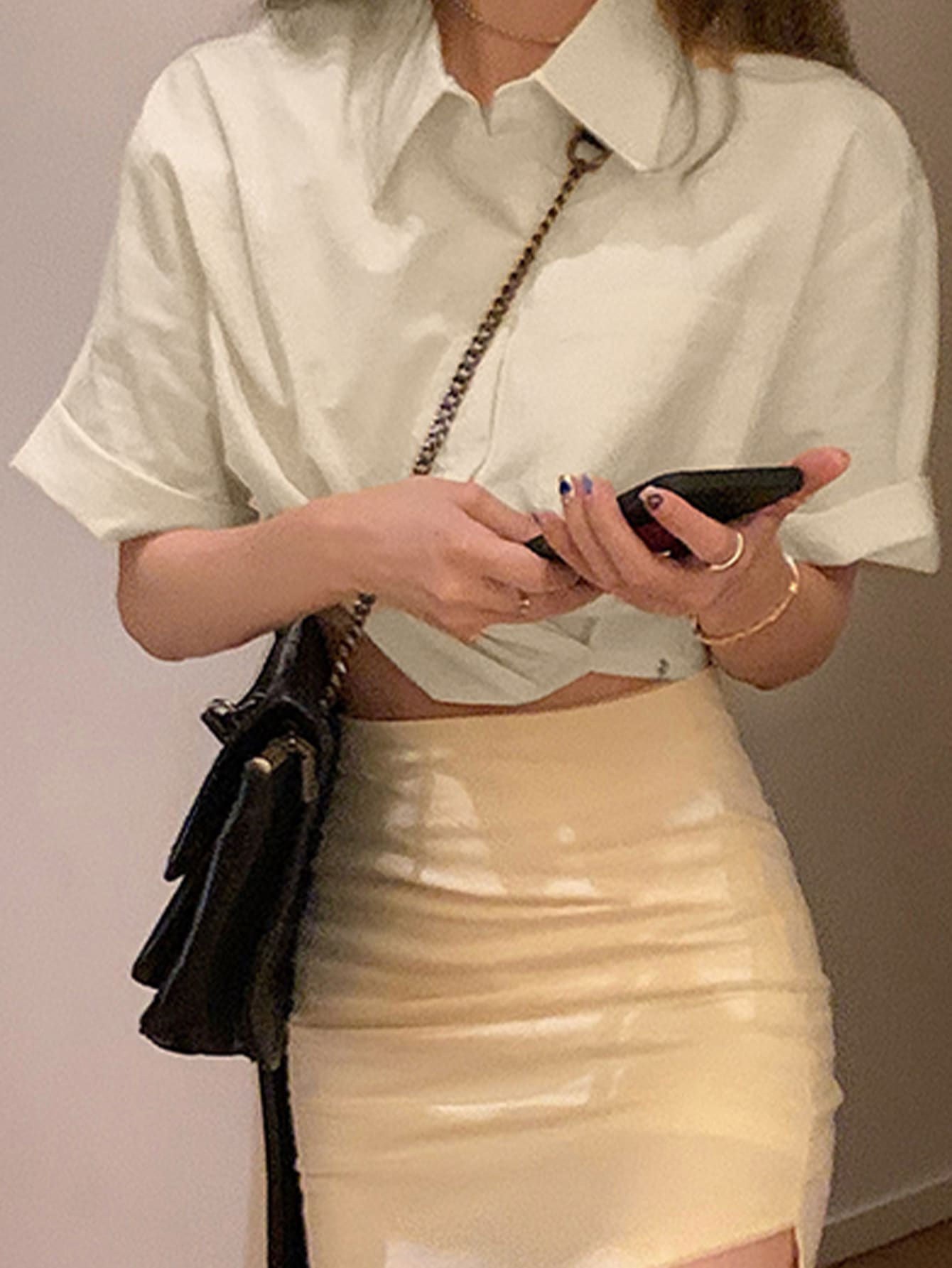 素色落肩袖短款襯衫 - 米色 - 查看 1