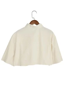 素色落肩袖短款襯衫 - 米色 - 查看 2