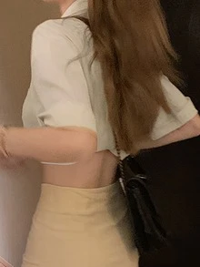 素色落肩袖短款襯衫 - 米色 - 查看 3