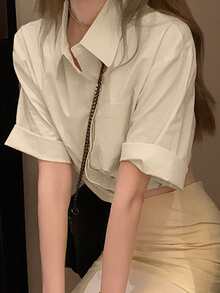 素色落肩袖短款襯衫 - 米色 - 查看 4
