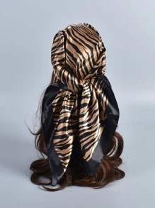 1pc Zebra Striped Bandana Classic Silky Square Scarf For Outdoor All Seasons Bandana,Hair Band,Head Band Ideal For Dressing Up Your Look - Coffee Brown - View 2