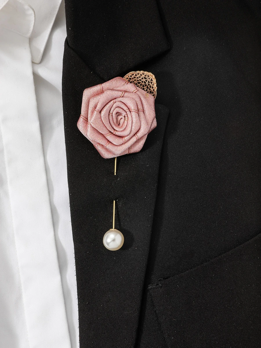 Faux Pearl & Flower Decor Boutonniere - Hồng - Xem 1