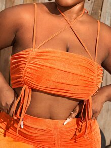 SHEIN SXY Plus Drawstring Ruched Tie Back Crop Top & Skirt Set - Orange - View 4