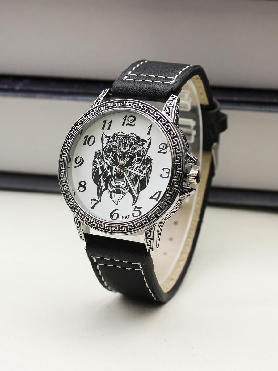 Hombres Reloj cuarzo de esfera con patrón de tigre - Negro - Ver 1