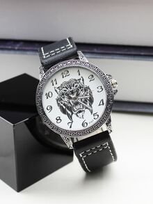 Hombres Reloj cuarzo de esfera con patrón de tigre - Negro - Ver 2