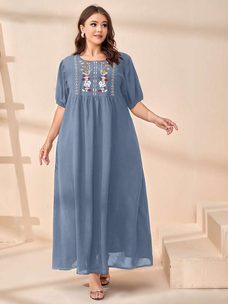 Seusyu Plus Floral Embroidery Smock Dress - Dusty Blue - View 1