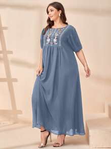 Seusyu Vestido smock con bordado floral - Neblina azul - Ver 3