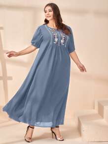 Seusyu Vestido smock con bordado floral - Neblina azul - Ver 4