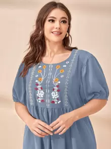 Seusyu Vestido smock con bordado floral - Neblina azul - Ver 5
