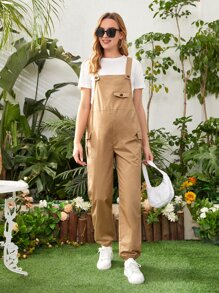 SHEIN Maternity Flap Pocket Overalls Without Tee - Khaki - View 4