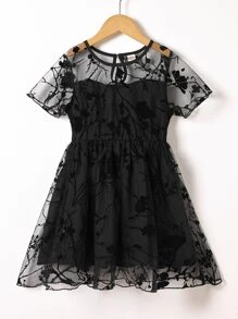 Girls Floral Mesh Overlay Keyhole Back Dress - Black - View 1