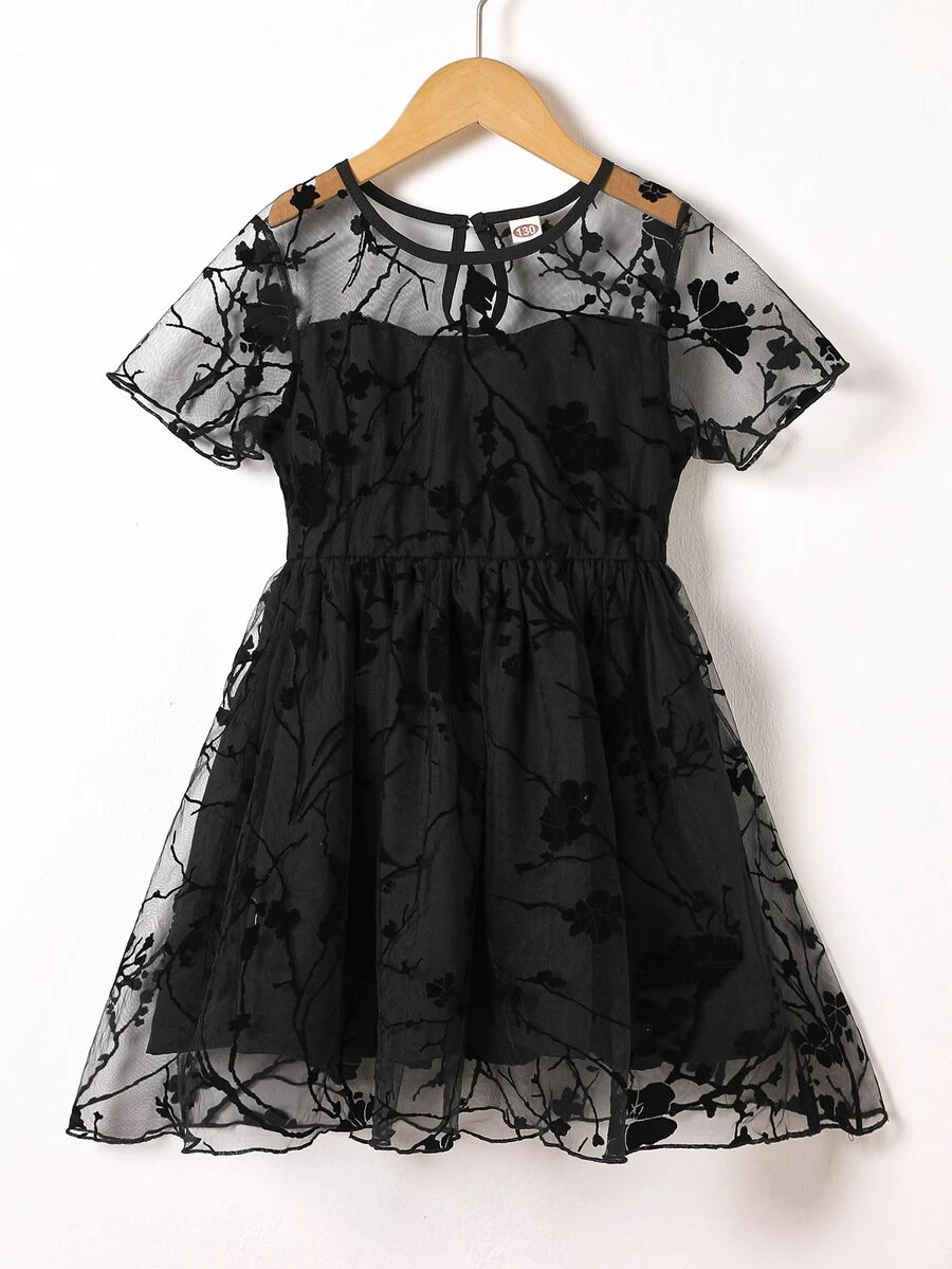 Girls Floral Mesh Overlay Keyhole Back Dress - Black - View 1