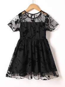 Girls Floral Mesh Overlay Keyhole Back Dress - Black - View 2