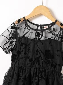 Girls Floral Mesh Overlay Keyhole Back Dress - Black - View 3