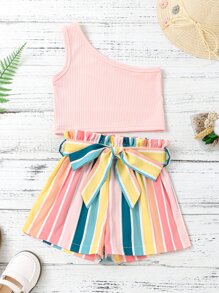 SHEIN 小女童單肩上衣和塊狀條紋附腰帶短褲 - 彩色 - 查看 1