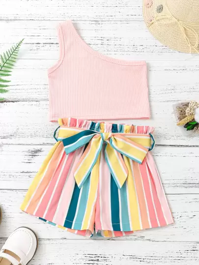 SHEIN 小女童單肩上衣和塊狀條紋附腰帶短褲