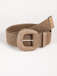 1pc Women Coffee Color Woven Buckle Elastic PP Straw Bohemian Waist Belt, Suitable For Beach Vacation Summer, School Fall, Autumn, Halloween - Coffee Brown - View 1