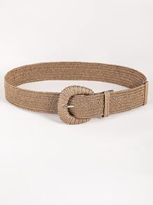 1pc Women Coffee Color Woven Buckle Elastic PP Straw Bohemian Waist Belt, Suitable For Beach Vacation Summer, School Fall, Autumn, Halloween - Coffee Brown - View 2