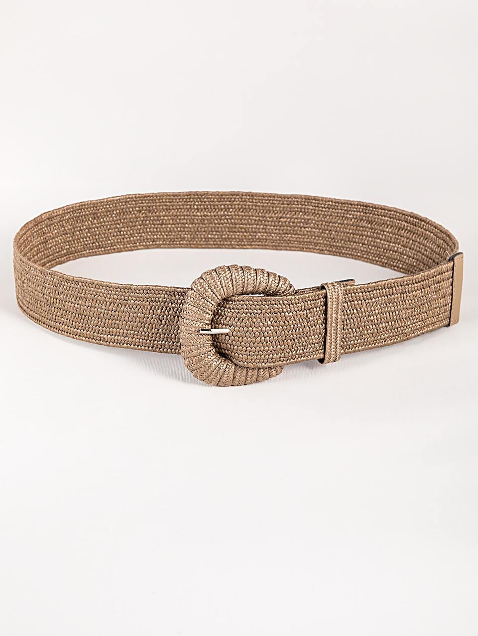 1pc Women Coffee Color Woven Buckle Elastic PP Straw Bohemian Waist Belt, Suitable For Beach Vacation Summer, School Fall, Autumn, Halloween