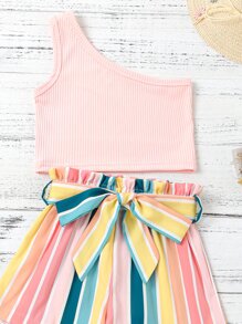 SHEIN 小女童單肩上衣和塊狀條紋附腰帶短褲 - 彩色 - 查看 6