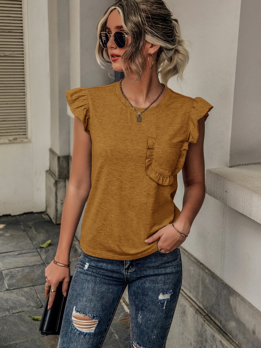 SHEIN LUNE Ruffle Trim Pocket Patched Tee - Camel - View 1