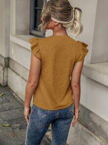 SHEIN LUNE Ruffle Trim Pocket Patched Tee - Camel - View 2