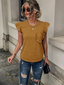 SHEIN LUNE Ruffle Trim Pocket Patched Tee - Camel - View 3