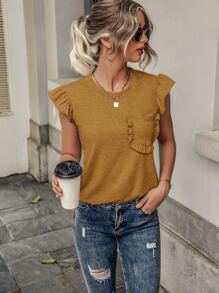 SHEIN LUNE Ruffle Trim Pocket Patched Tee - Camel - View 4