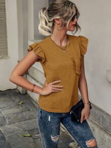 SHEIN LUNE Ruffle Trim Pocket Patched Tee - Camel - View 5