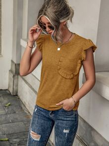 SHEIN LUNE Ruffle Trim Pocket Patched Tee - Camel - View 6