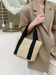 Tương phản ràng buộc Cúc bấm Túi Rơm , Dung lượng lớn Túi đi biển , Hoàn hảo Cho mùa hè bờ biển Du lịch Kỳ nghỉ - Nhiều màu - Xem 2