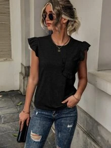 SHEIN LUNE Camiseta ribete con fruncido con parche de bolsillo - Negro - Ver 1
