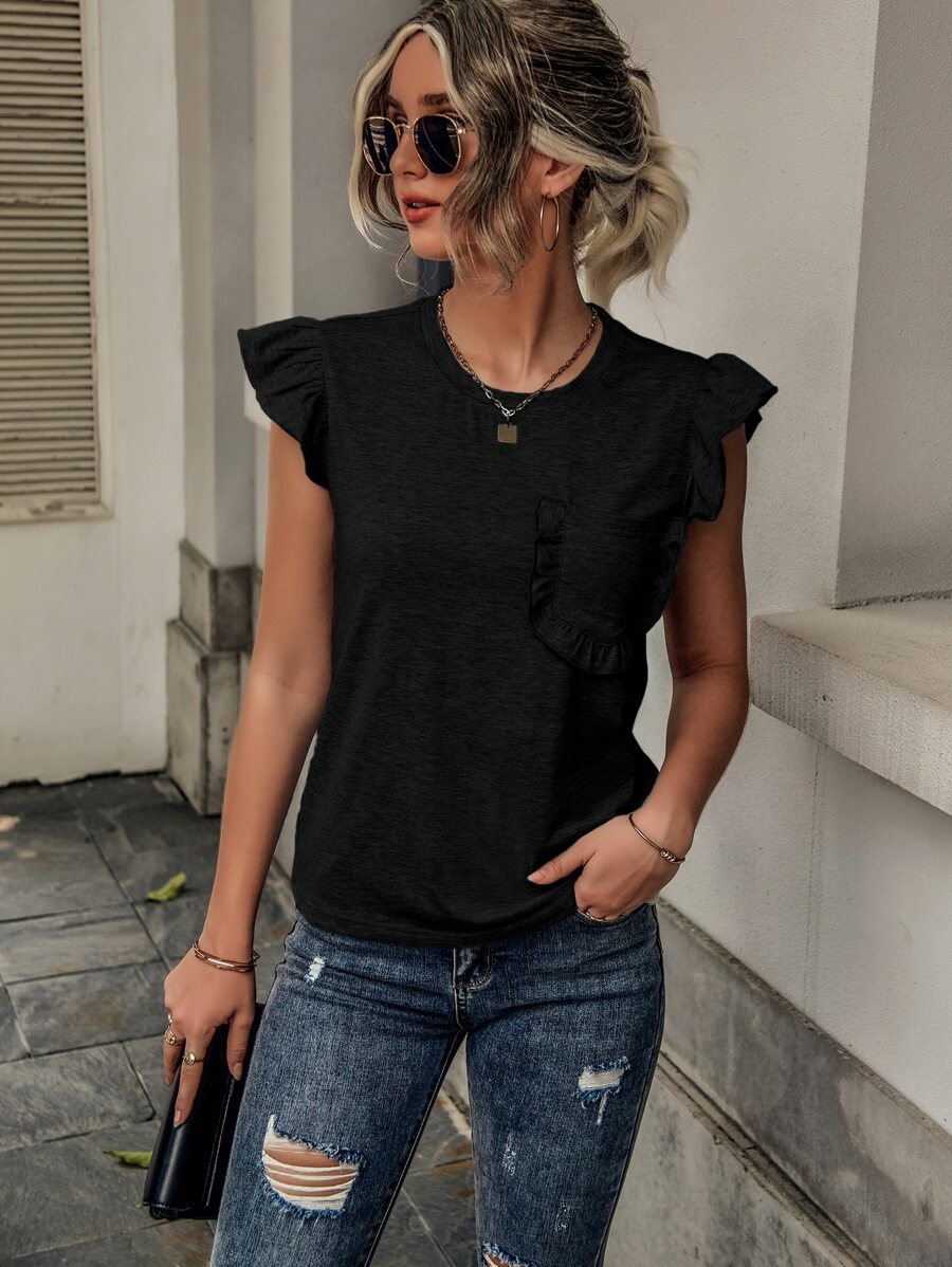 SHEIN LUNE Camiseta ribete con fruncido con parche de bolsillo - Negro - Ver 1