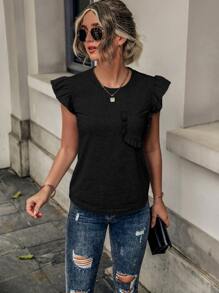 SHEIN LUNE Camiseta ribete con fruncido con parche de bolsillo - Negro - Ver 4