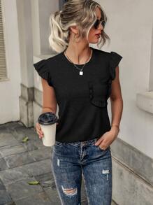 SHEIN LUNE Camiseta ribete con fruncido con parche de bolsillo - Negro - Ver 5