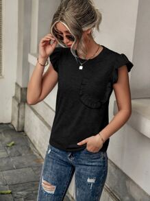 SHEIN LUNE Camiseta ribete con fruncido con parche de bolsillo - Negro - Ver 6
