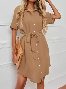 SHEIN LUNE Dolman Sleeve Belted Shirt Dress - Apricot - View 1