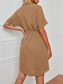 SHEIN LUNE Dolman Sleeve Belted Shirt Dress - Apricot - View 2