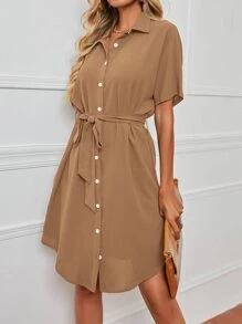 SHEIN LUNE Dolman Sleeve Belted Shirt Dress - Apricot - View 4
