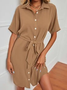 SHEIN LUNE Dolman Sleeve Belted Shirt Dress - Apricot - View 5