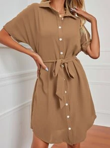 SHEIN LUNE Dolman Sleeve Belted Shirt Dress - Apricot - View 6