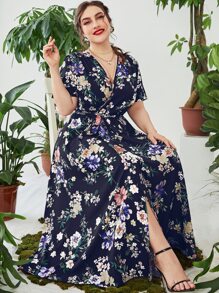 Mulvari Plus Floral Print Overlap Collar Belted Dress - Royal Blue - View 1