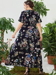 Mulvari Plus Floral Print Overlap Collar Belted Dress - Royal Blue - View 2