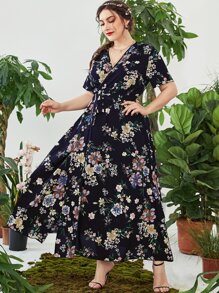 Mulvari Plus Floral Print Overlap Collar Belted Dress - Royal Blue - View 4