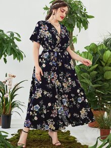 Mulvari Plus Floral Print Overlap Collar Belted Dress - Royal Blue - View 5