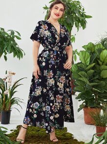 Mulvari Plus Floral Print Overlap Collar Belted Dress - Royal Blue - View 6