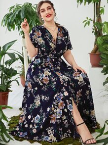 Mulvari Plus Floral Print Overlap Collar Belted Dress - Royal Blue - View 7